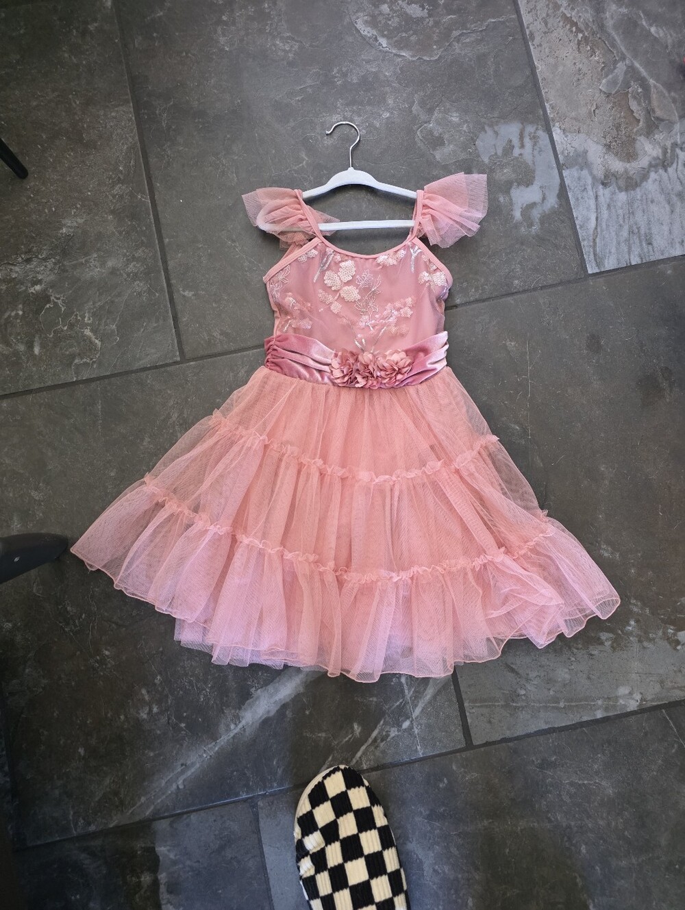 Girls Pink Tulle Party Dress with Floral Satin Bodice